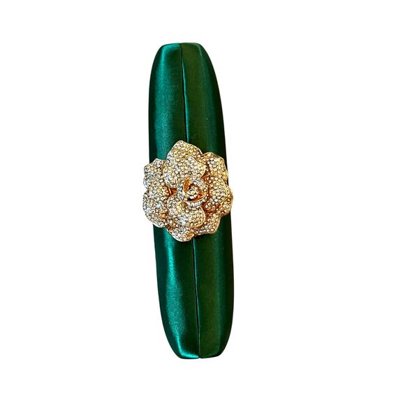 Natasha Crystal Green Satin Evening Clutch Gold Rhinestone Floral Detail New - Picture 8 of 16